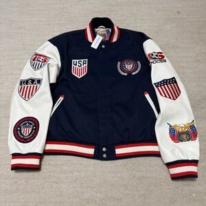 Jeff Hamilton USA Soccer Varsity Bomber Jacket Navy White Faux Leather NWT